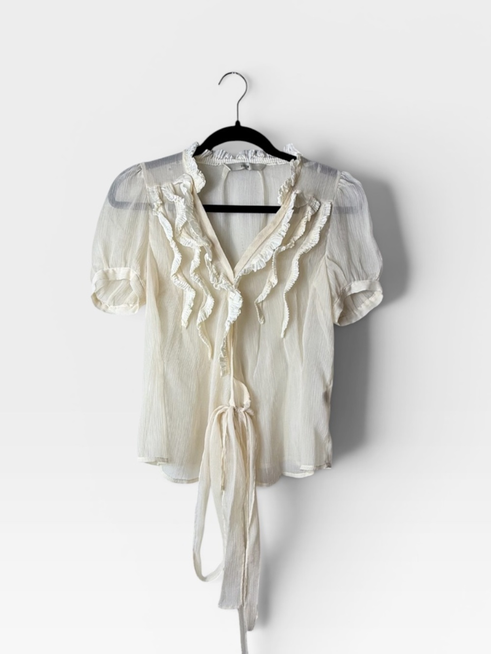 Sheer Ruffle Blouse Size XS Waist Tie Creme Short Sleeve Summer Top (D)